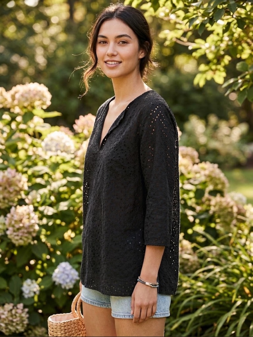 Talbots Black Eyelet Popover Top Size 2X